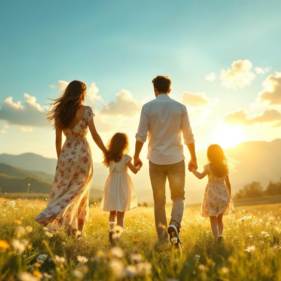 Family walking in a field
